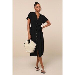 Lulus Italian Summer Black Linen Button-up Short Sleeve Midi Dress - Size M